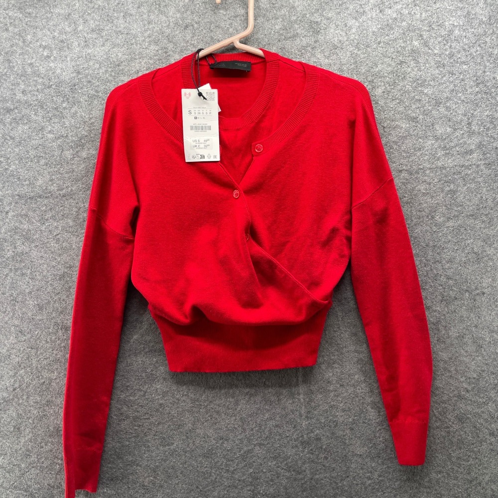 NWT Zara 2-In-1 Cardigan Sweater Womens S Red Knit Wrap Front Lightweight - Picture 1 of 10